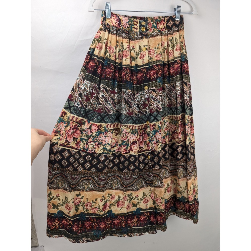 Vintage 90s Floral Paisley Patchwork Maxi Skirt Size S Button Cottage Hippie Y2K